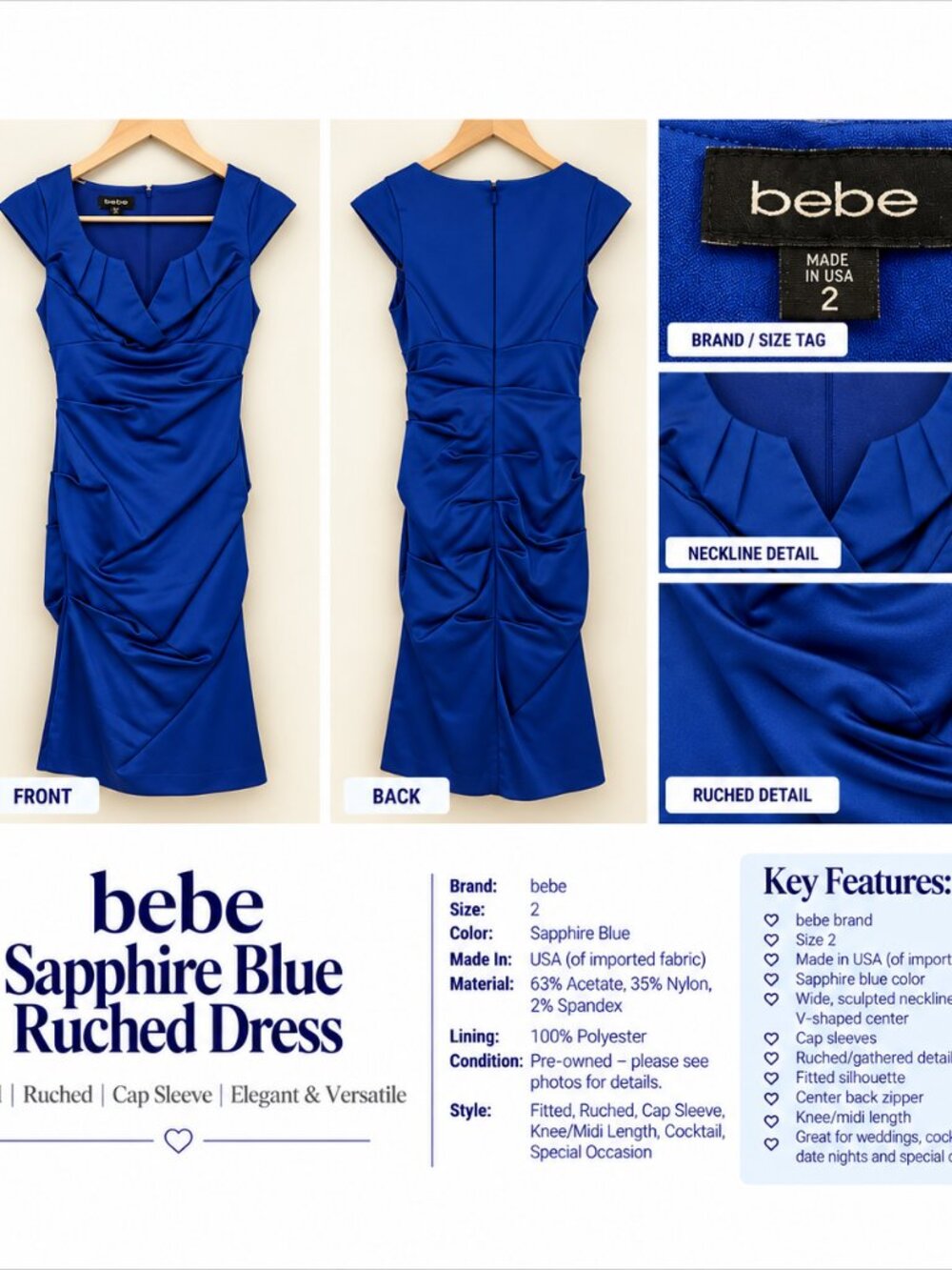 bebe Sapphire Blue Ruched Bodycon Dress Size 2 – Cocktail Wedding Guest